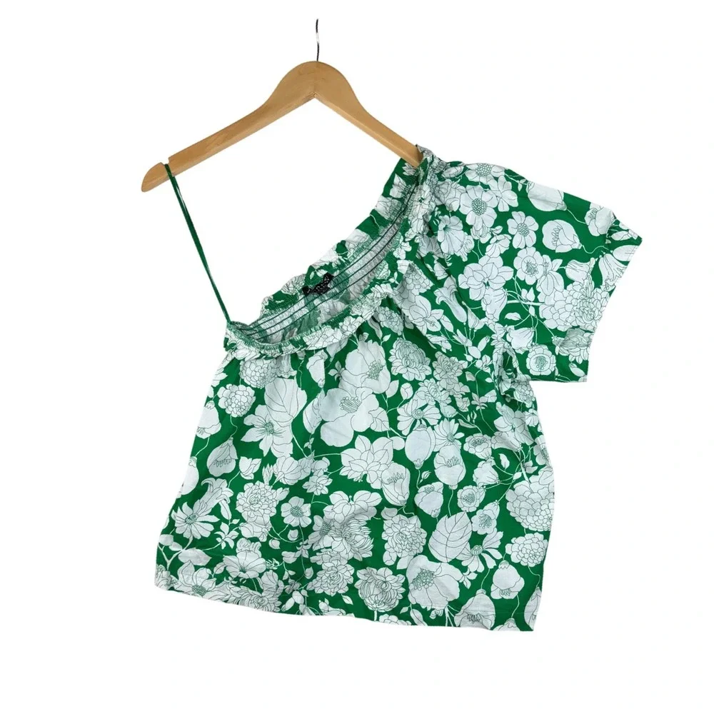 J. Crew‎ One Shoulder Smocked Kelly Floral Print Blouse size Small Green/White